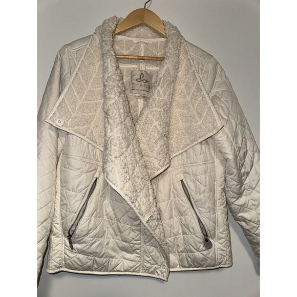 PRANA Womens Sherpa Fleece Lined Diva Puffer Jacket Asymmetric Zip Ivory LARGE - Picture 3 of 7